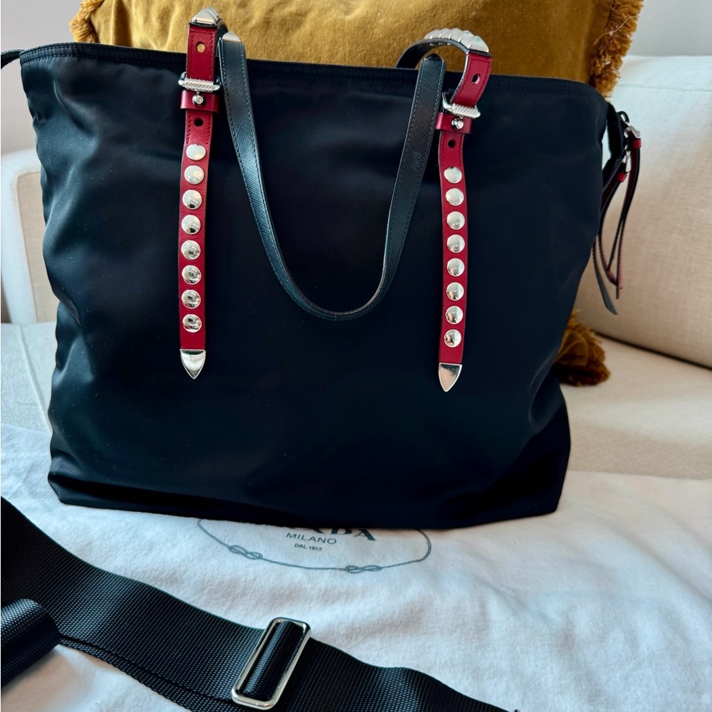 Prada Vela Studded Nylon Black and Red Convertible Tote Bag - Picture 14 of 16